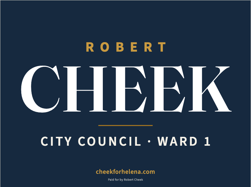 Cheek yard sign — navy with CHEEK in cream serif type, City Council Ward 1