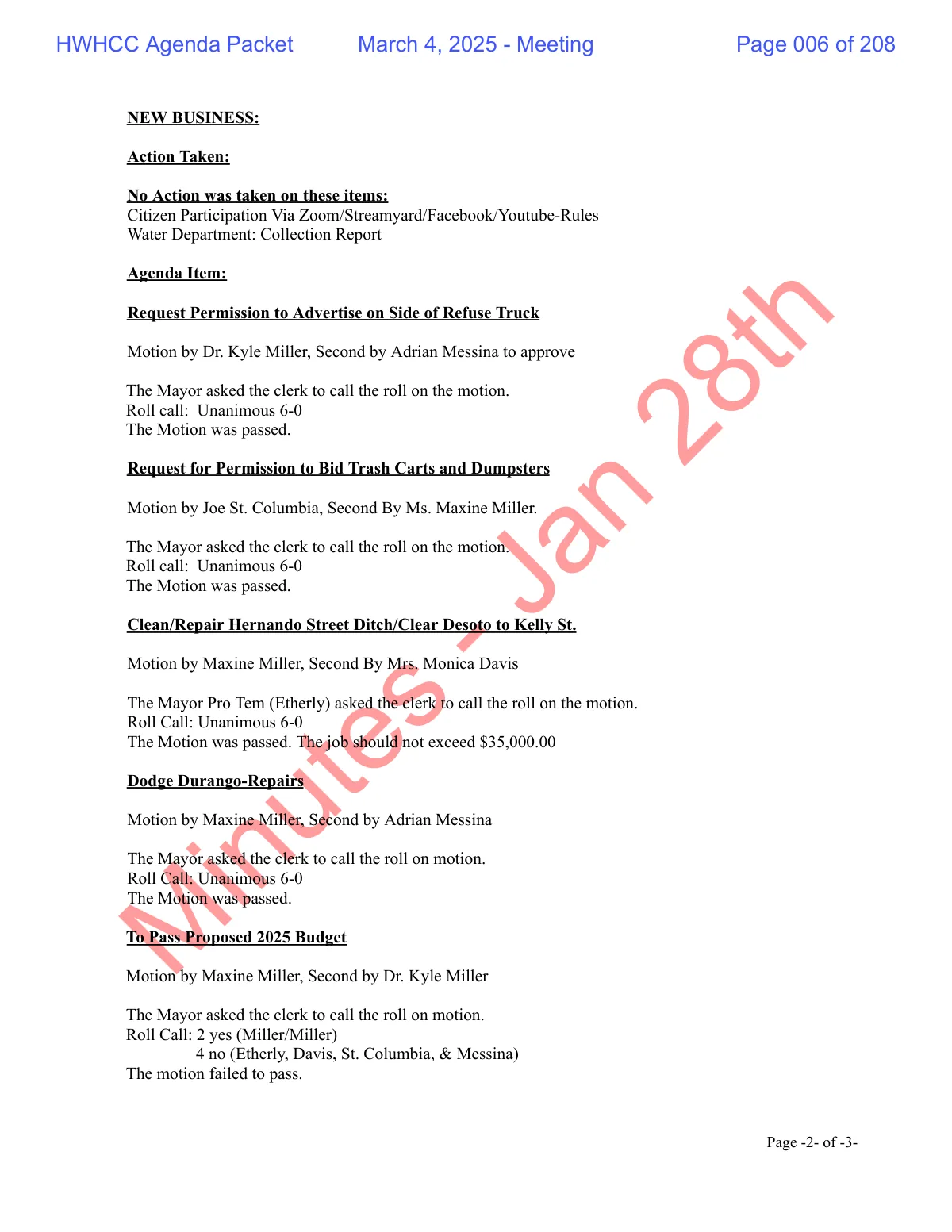 January 28, 2025 minutes — page 2, failed budget vote