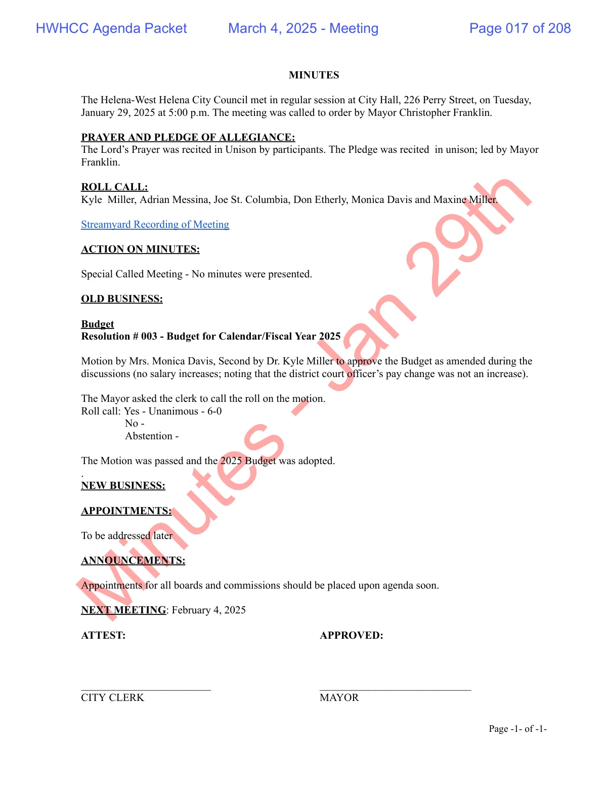 January 29, 2025 minutes — Resolution 003-2025 adopted with no salary increases