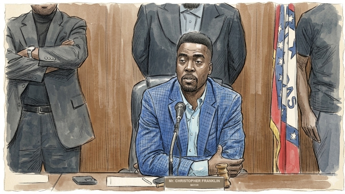 Sketch: Mayor Franklin at the center of the dais in a blue blazer, arms crossed, men standing against the wall behind him