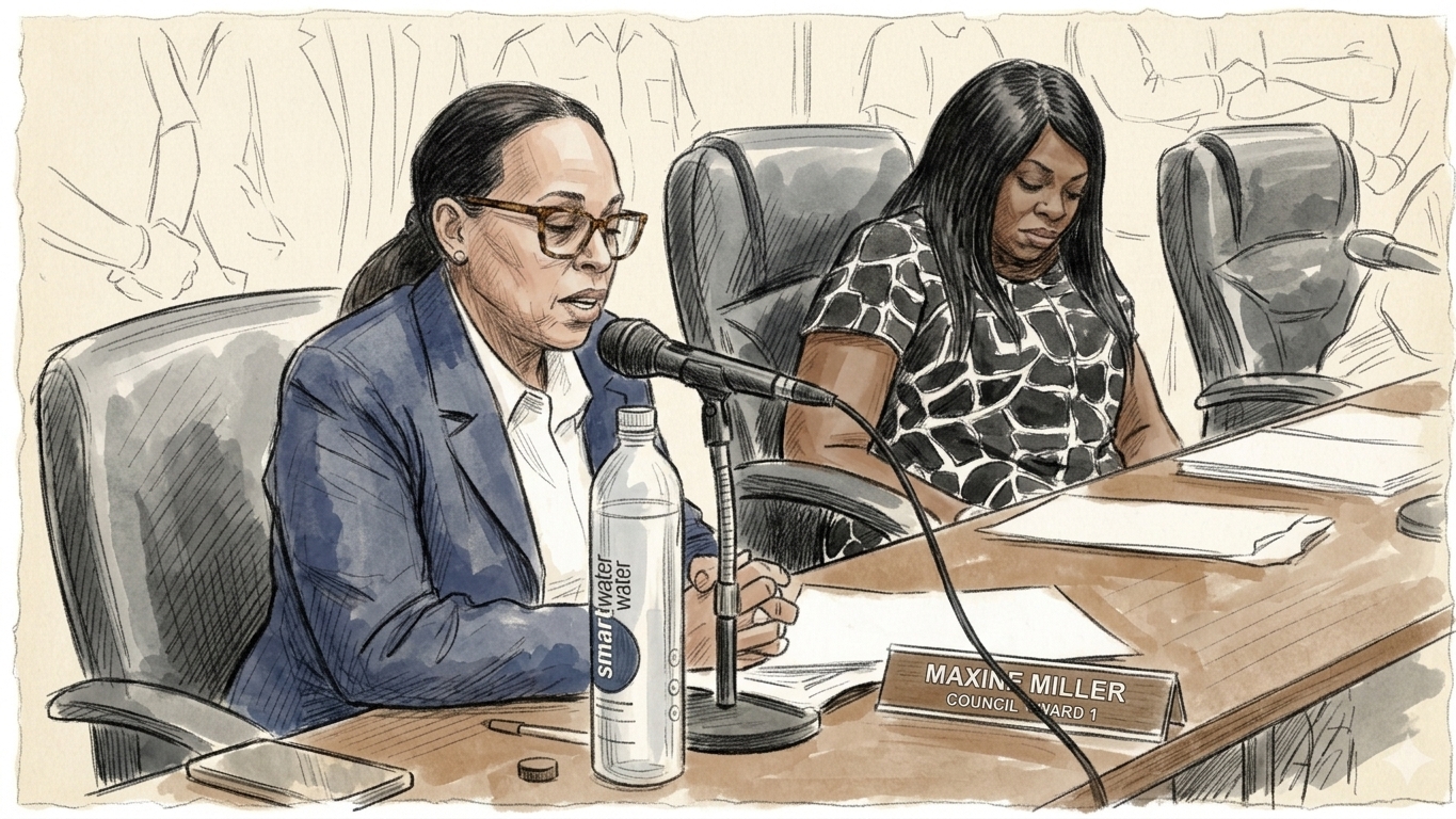 Sketch: Councilwoman Maxine Miller reading Resolution 7-2024 into the microphone at the council table, a second council member seated beside her