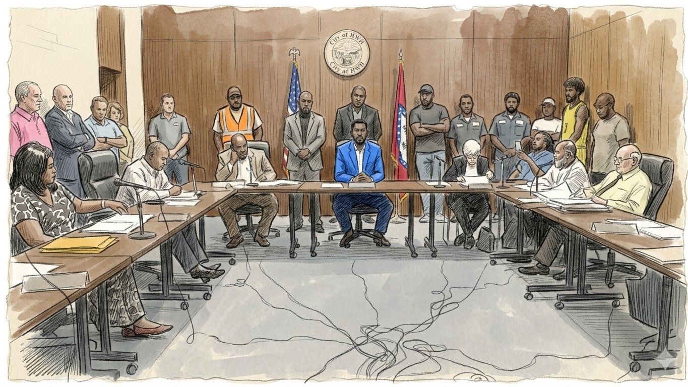 Sketch: the council chamber at the moment of the vote — members seated around the open rectangle of tables, audience standing shoulder to shoulder along the walls