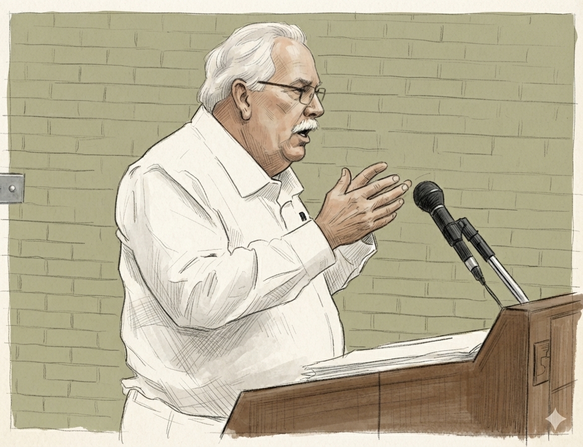Sketch: Arkansas Rural Water CEO Dennis Sternberg at the podium telling the council the water system has been neglected