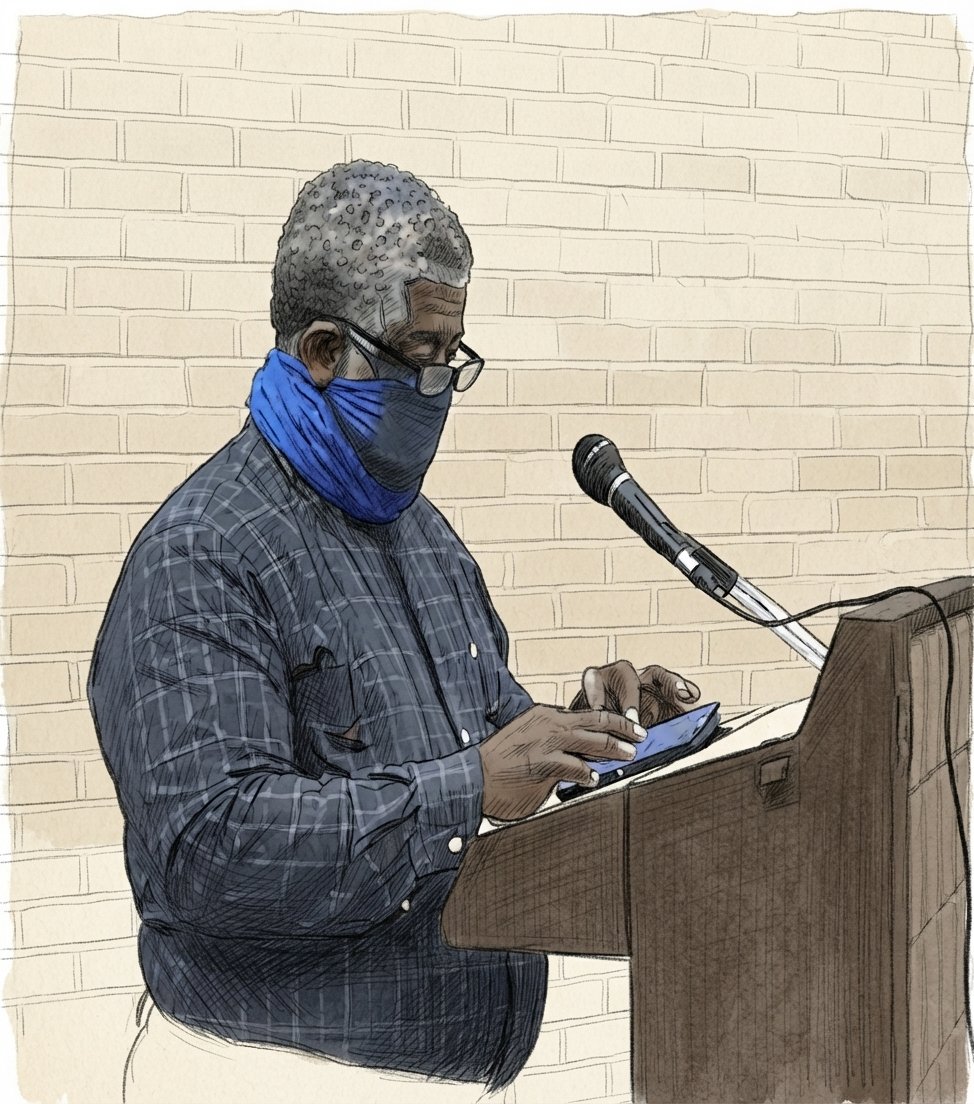 Sketch: Chief of Staff James Valley, masked, reading the rate calculations from his phone at the podium