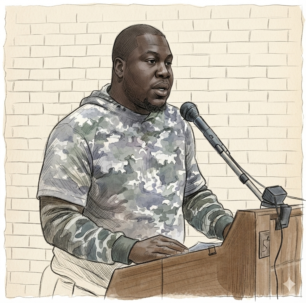 Sketch: Water Superintendent Saeed Rose at the lectern reporting on the meter audit during the special rate meeting
