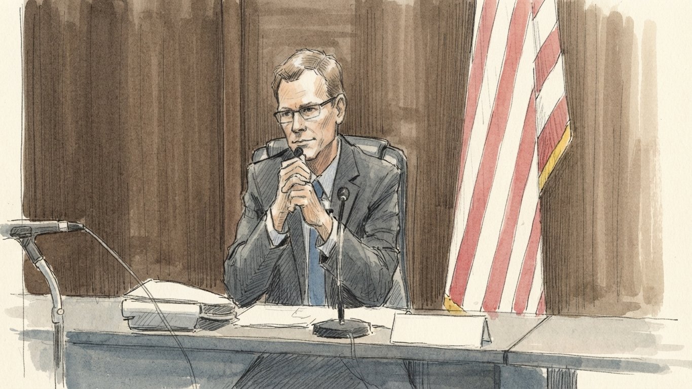Sketch: Chris Colclasure of ANRC at the head table, microphone in hand, walking the council through the loan status