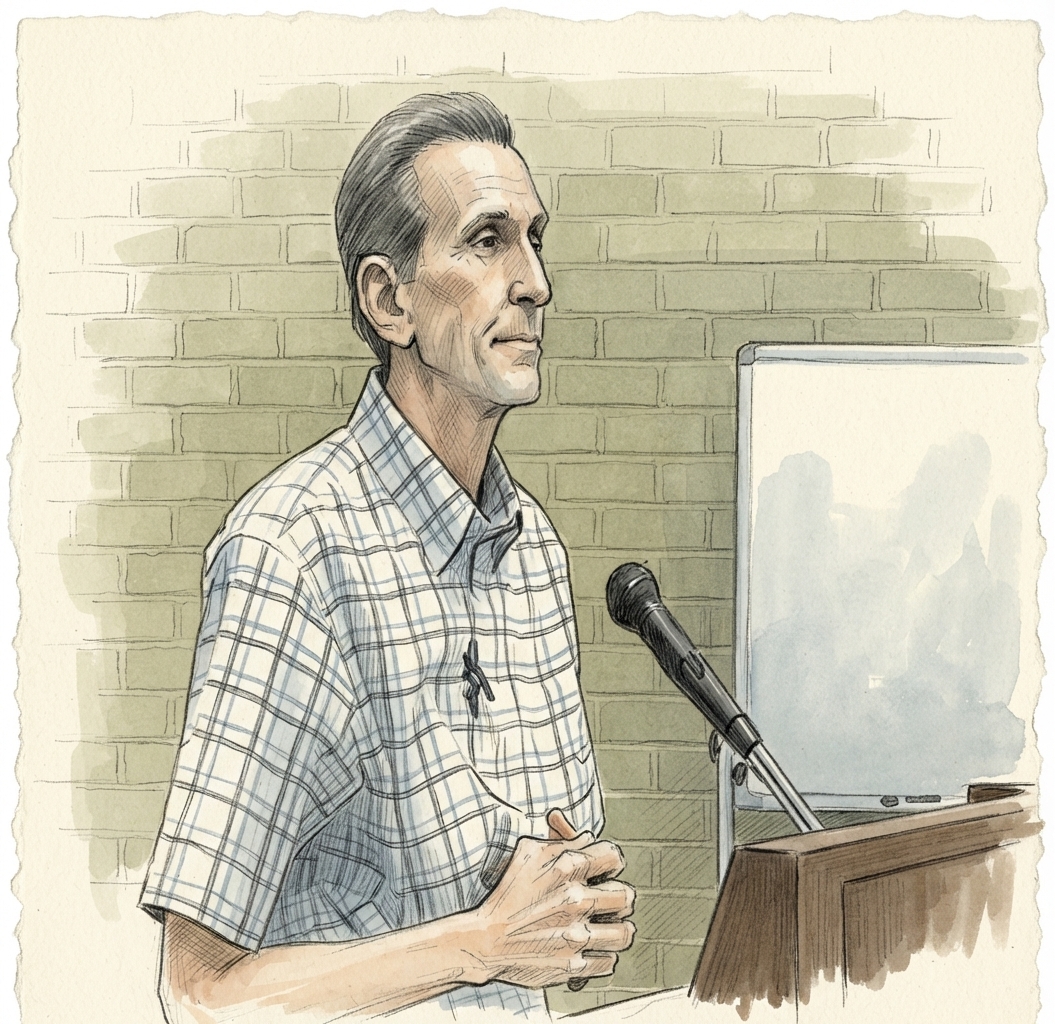 Sketch: engineer Ken Weiland at the podium giving the council the funding update on the night the rate ordinances passed