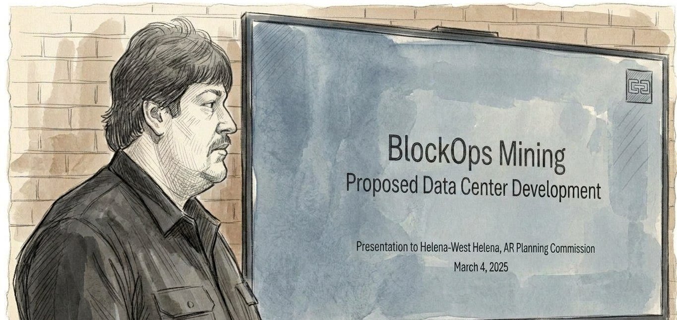 Sketch: Ben Smith of Block Ops Mining presenting to the council beside his slide reading “Proposed Data Center Development”