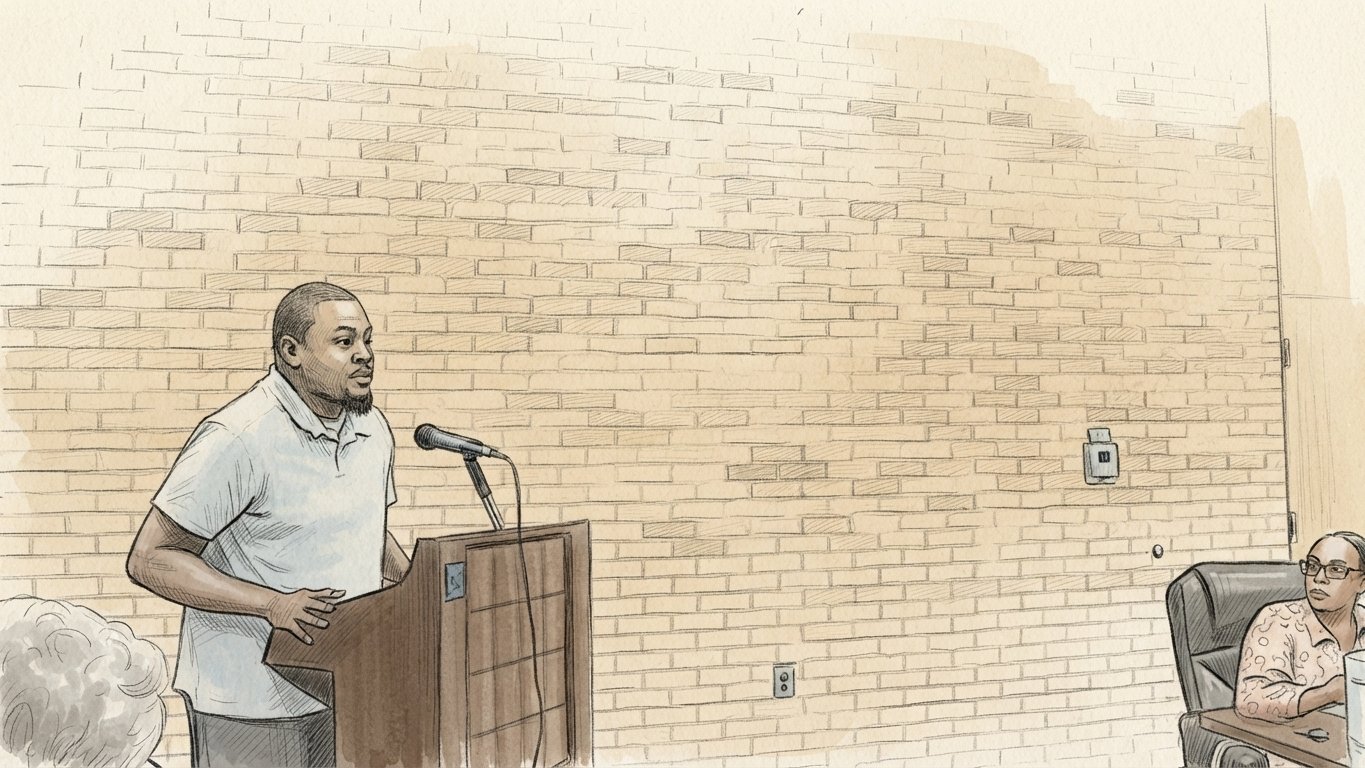 Sketch: Water Superintendent Saeed Rose at the podium telling the council what pump repairs are costing the city
