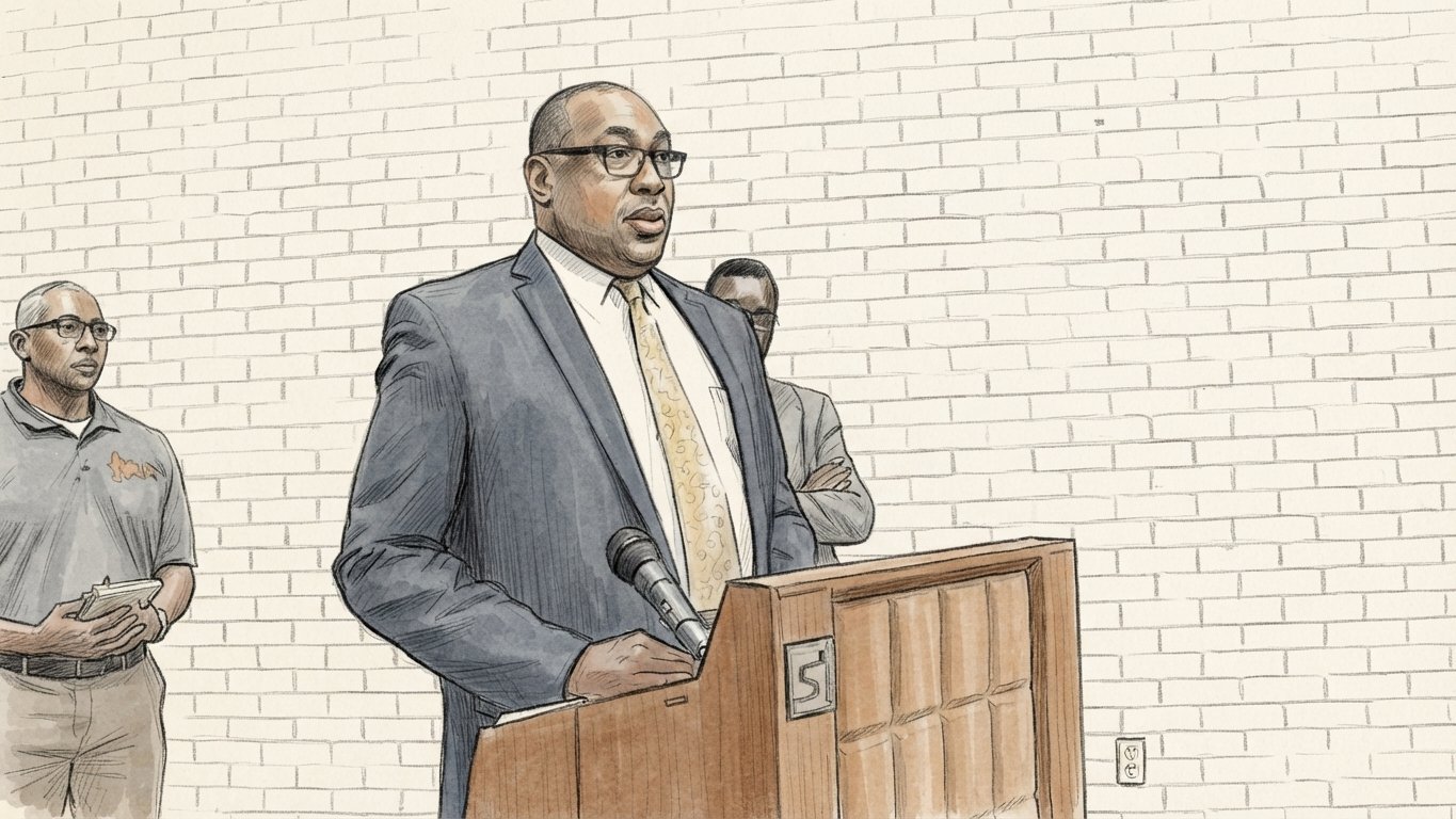 Sketch: Frank Bateman of the Arkansas Black Mayors Association presenting the watershed flood-mitigation project, colleagues behind him