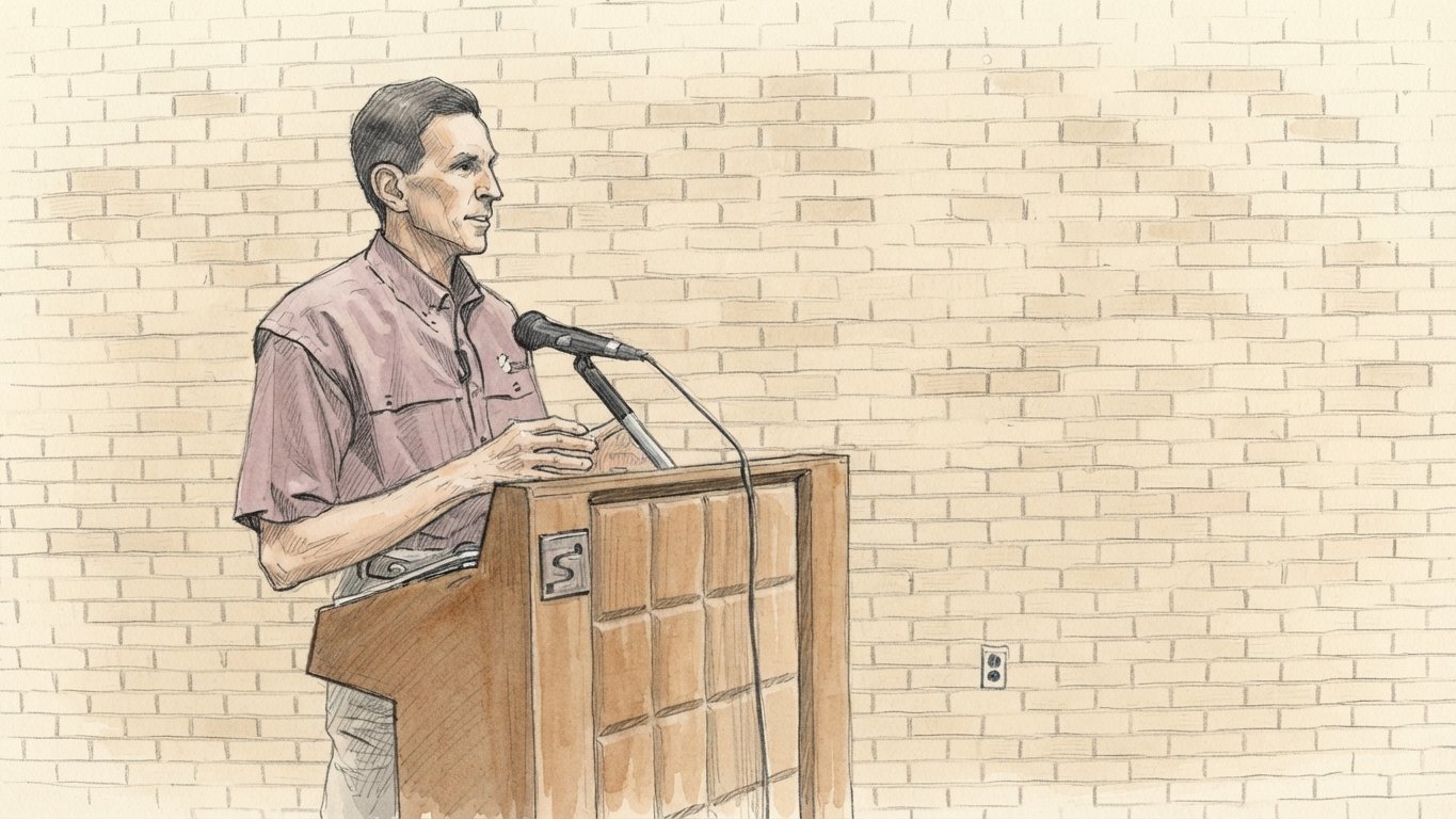 Sketch: consulting engineer Ken Weiland at the podium walking the council through the water system's four major needs