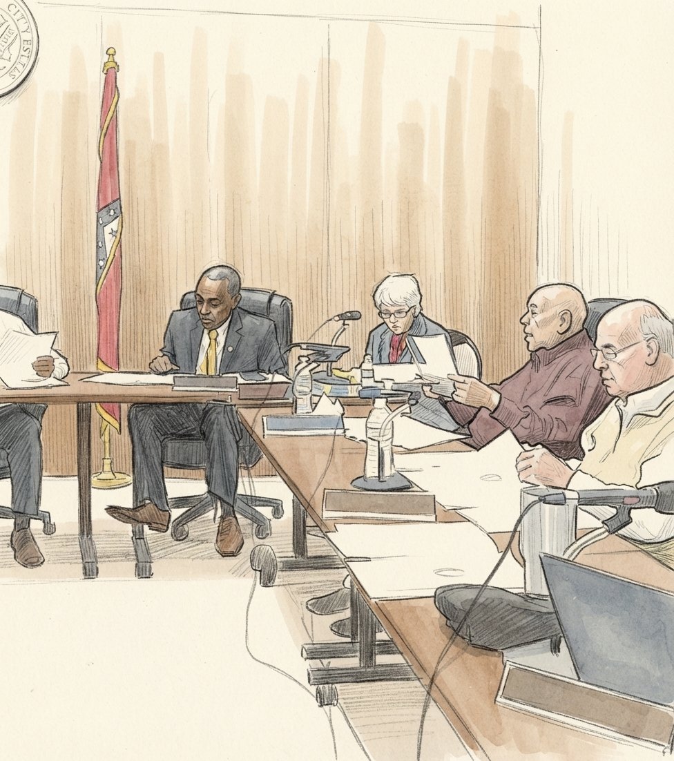 Sketch: the council at the dais as the $4.4 million debt tally is read; Councilman Joe St. Columbia speaking