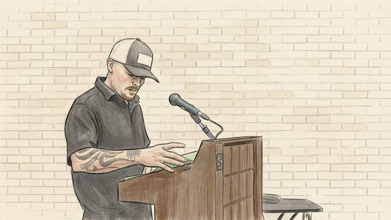 Sketch: the Arkansas Municipal Equipment salesman at the podium quoting the rear-loader garbage truck