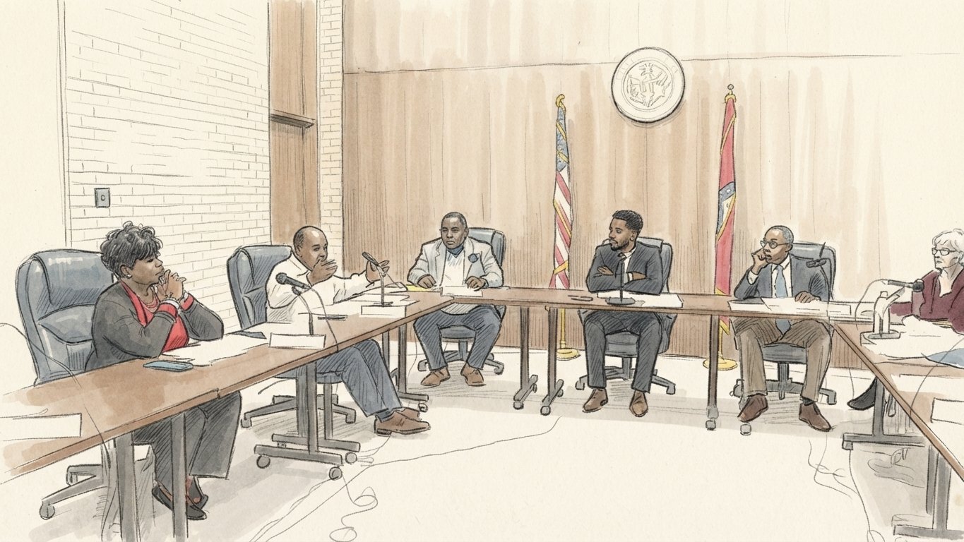 Sketch: the council around the table during the unapproved-equipment-rentals discussion