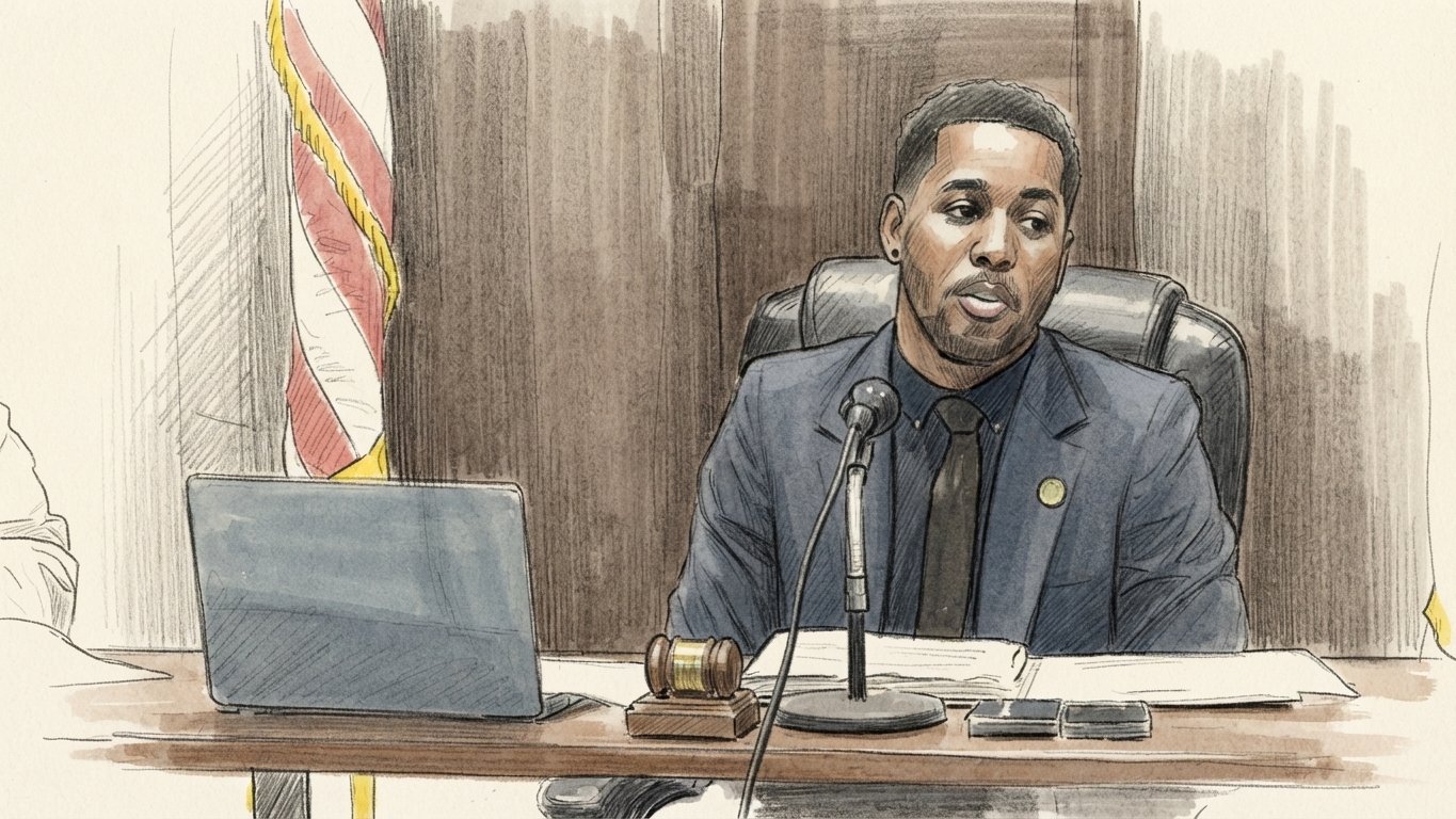 Sketch: Mayor Joseph Whitfield at the dais announcing the waterline grant money