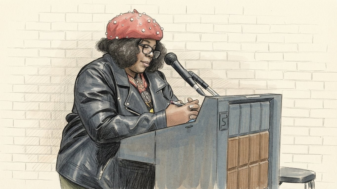 Sketch: Phyllis Hammonds of the Westside community hub addressing the council from the podium