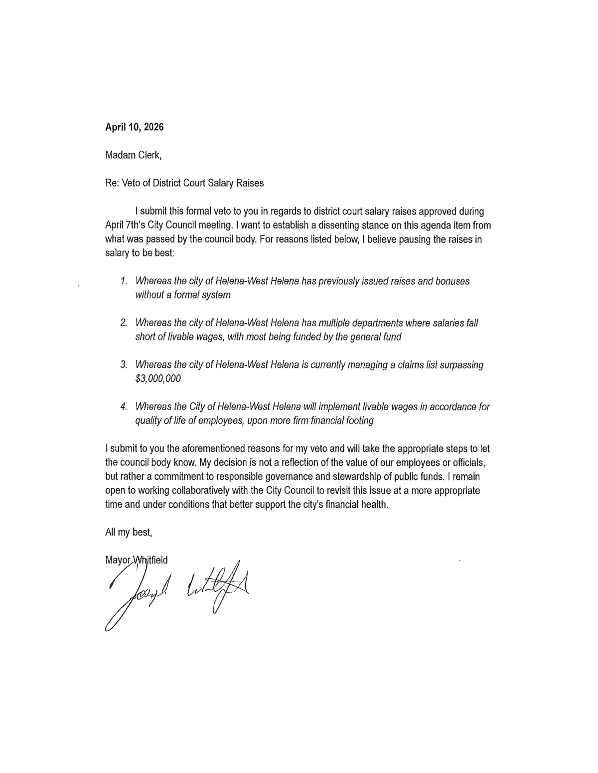 Mayor's Veto Letter — page 2