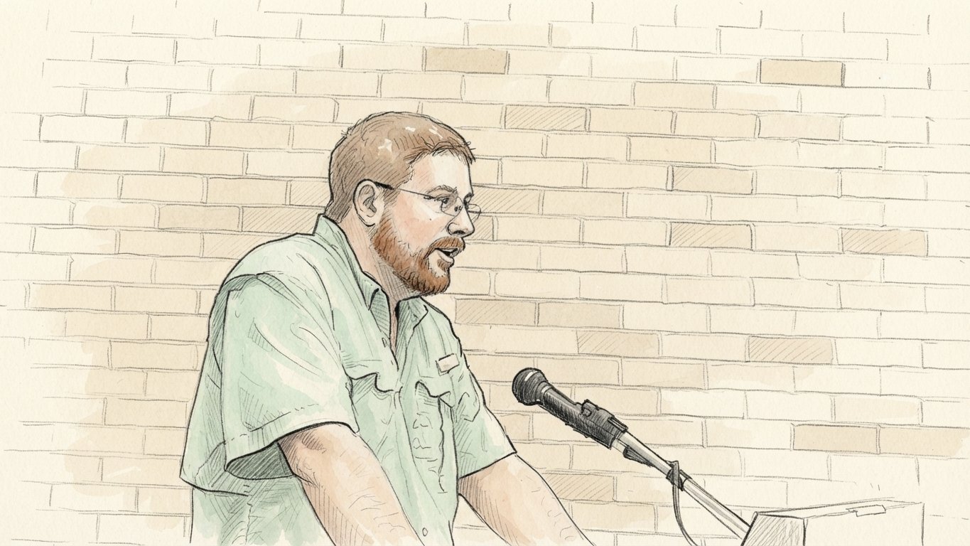 Sketch: District Court Judge Jason Carter at the podium during the court-salary discussion
