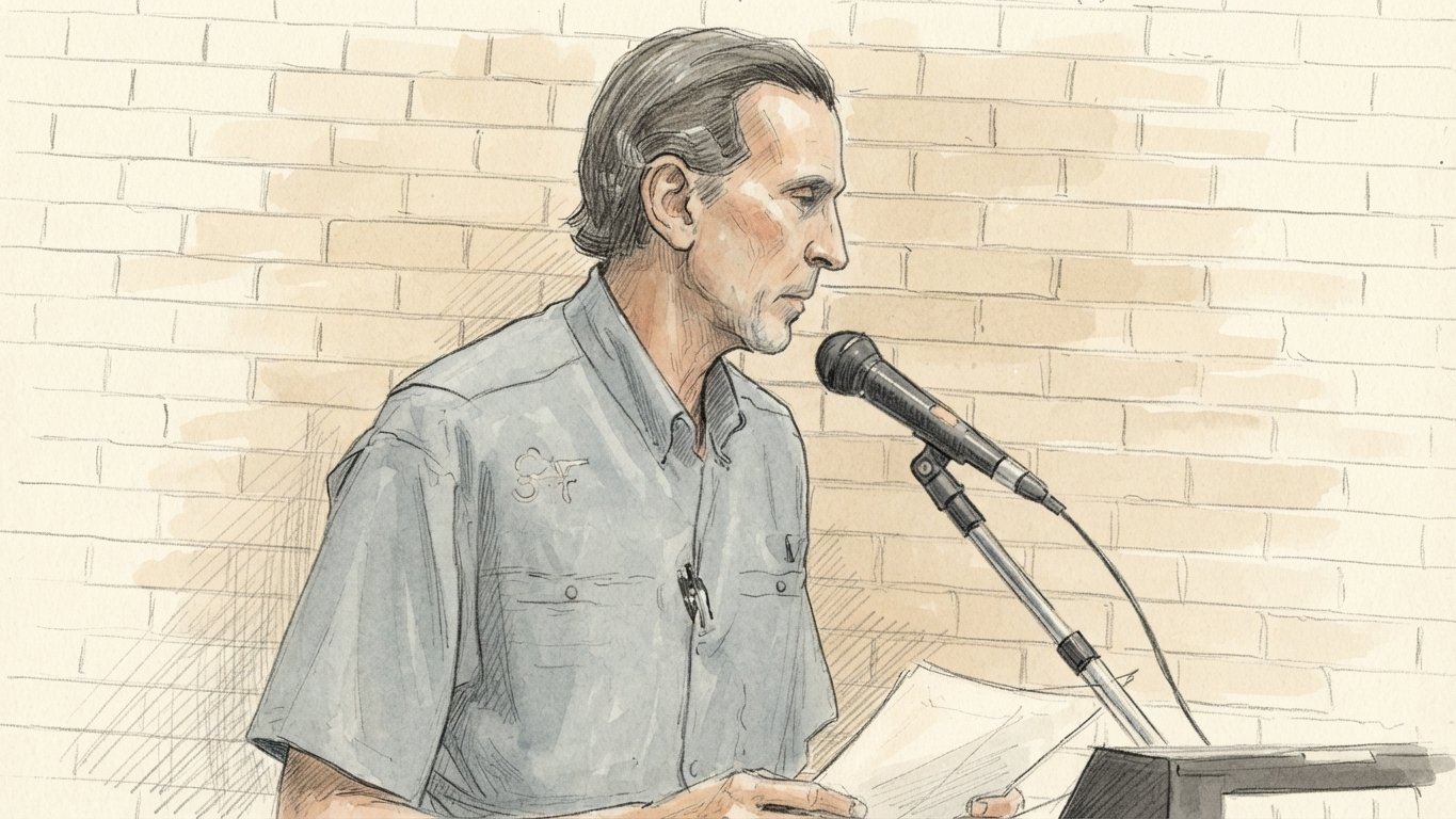 Sketch: engineer Ken Weiland reading the street-repair estimates at the podium