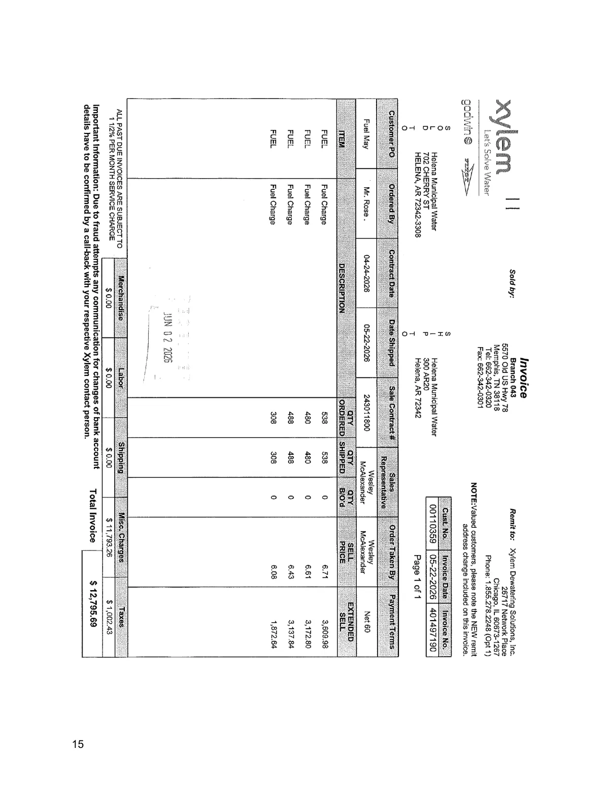 Xylem Fuel Invoice — page 14