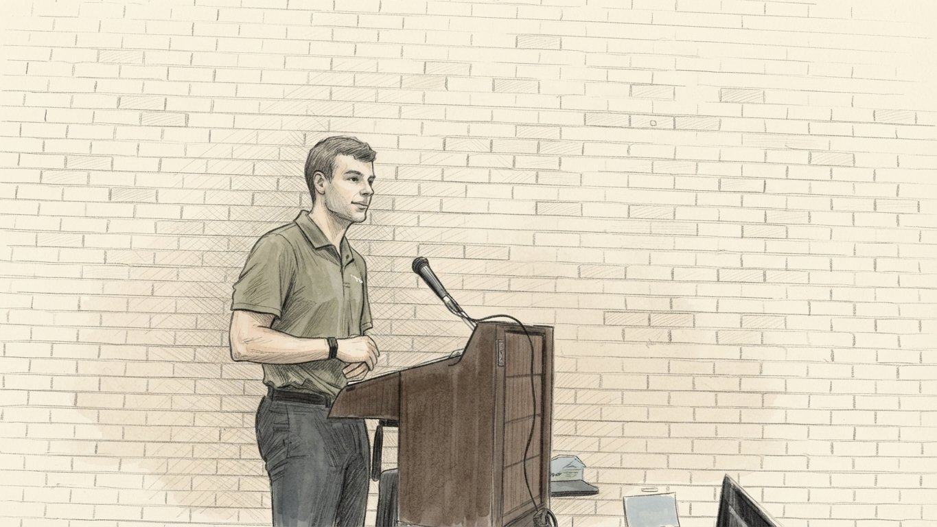 Sketch: M2X Energy's TJ McLaughlin at the podium pitching the landfill methane-gas deal