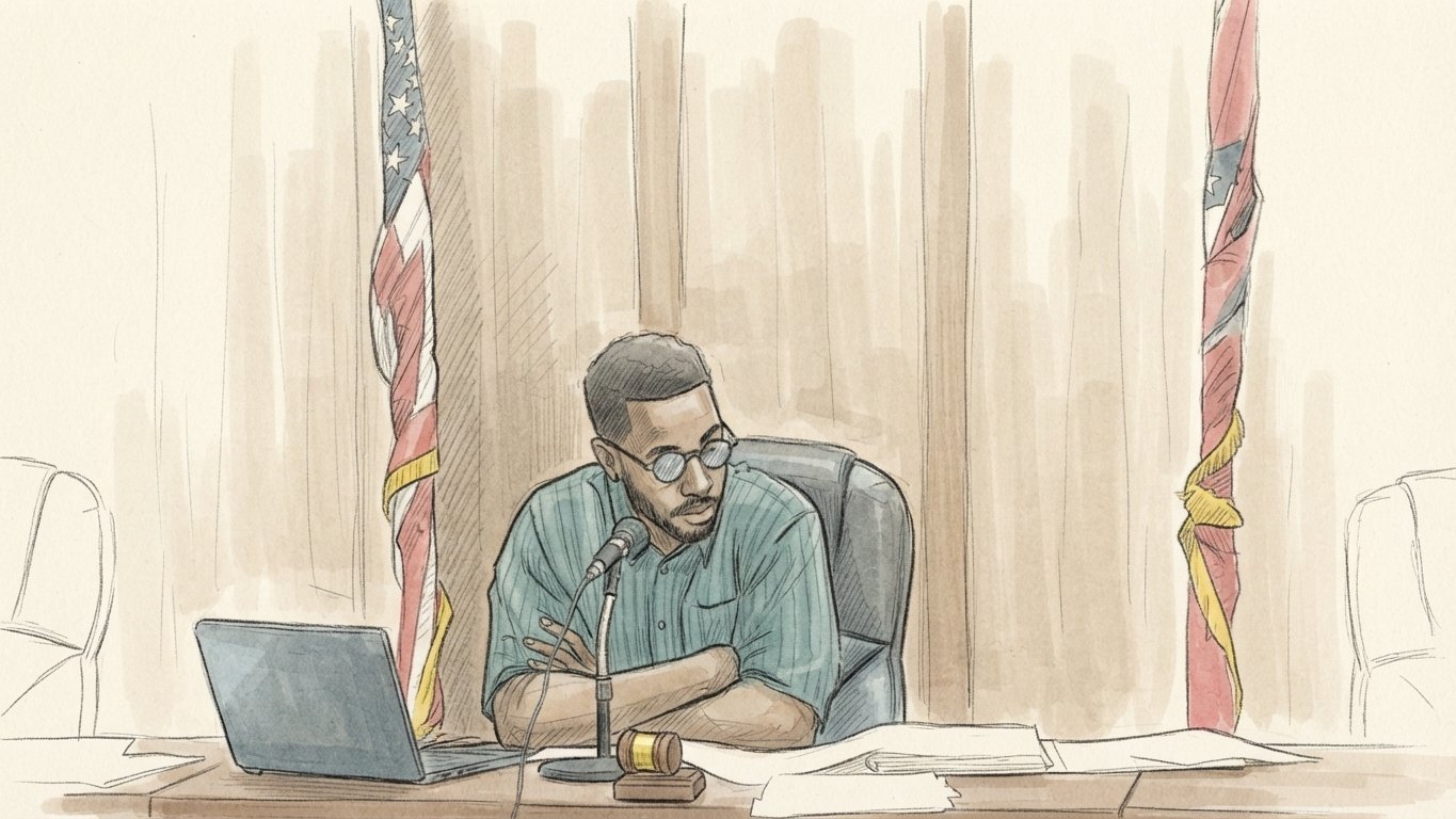 Sketch: Mayor Joseph Whitfield at the dais during the bulldozer bid-waiver special meeting