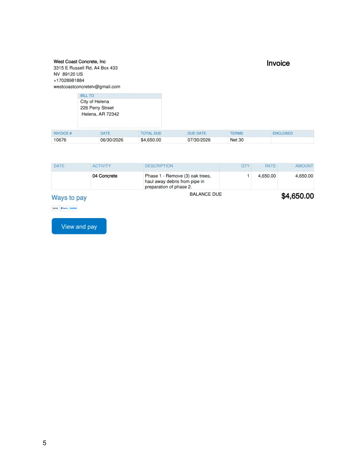 West Coast Concrete Invoice — page 4