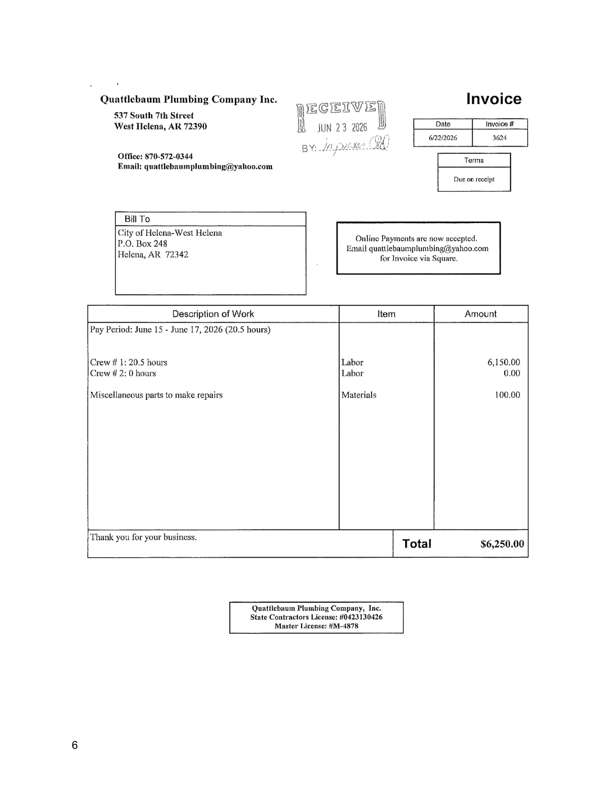 Quattlebaum Plumbing Invoice — page 5
