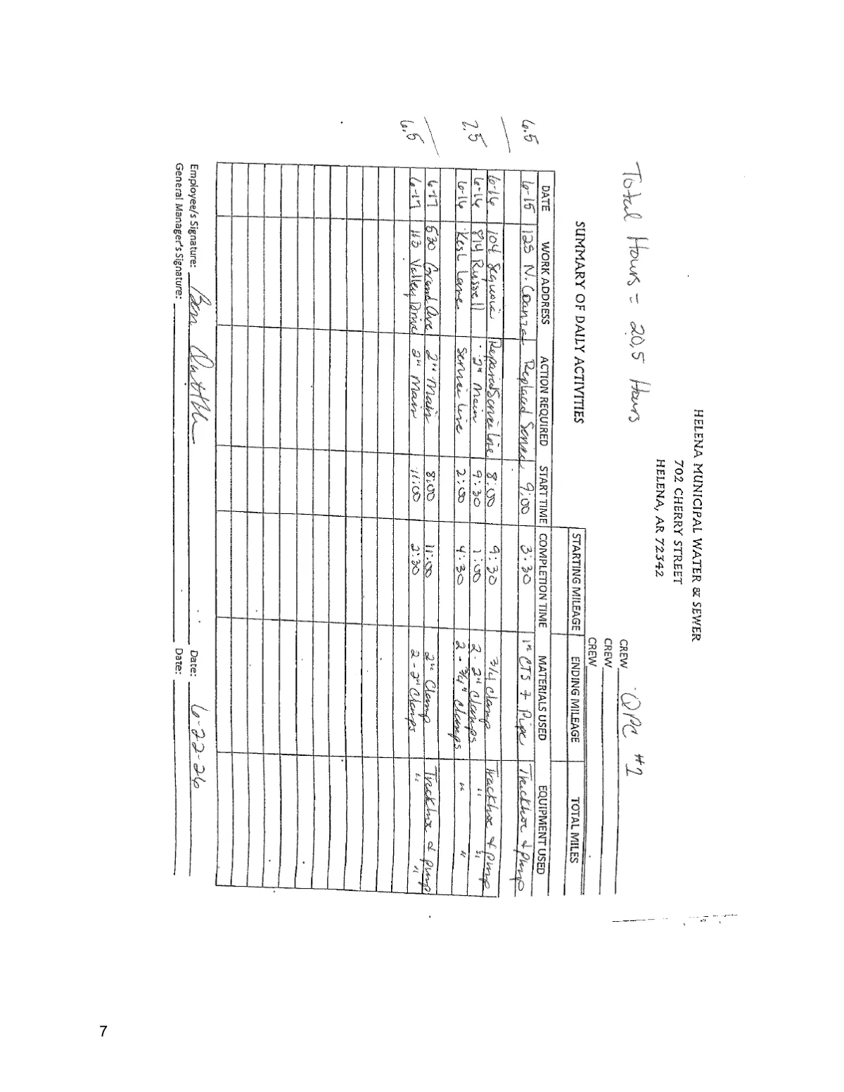 Water Dept Activity Log — page 6