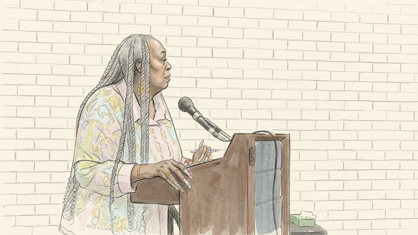 Sketch: resident Shirley Garner at the podium on water billing