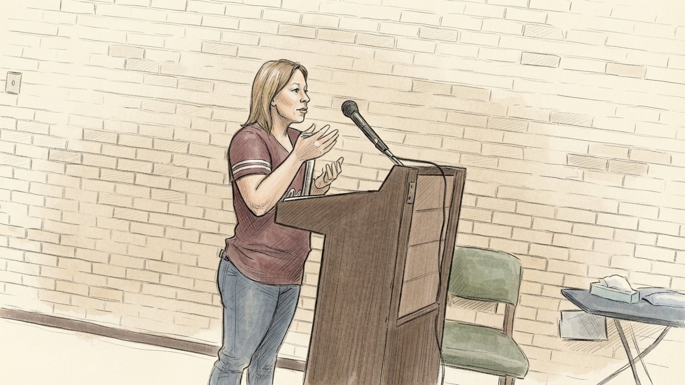 Sketch: Lori Bernard at the podium during the vehicle-towing dispute