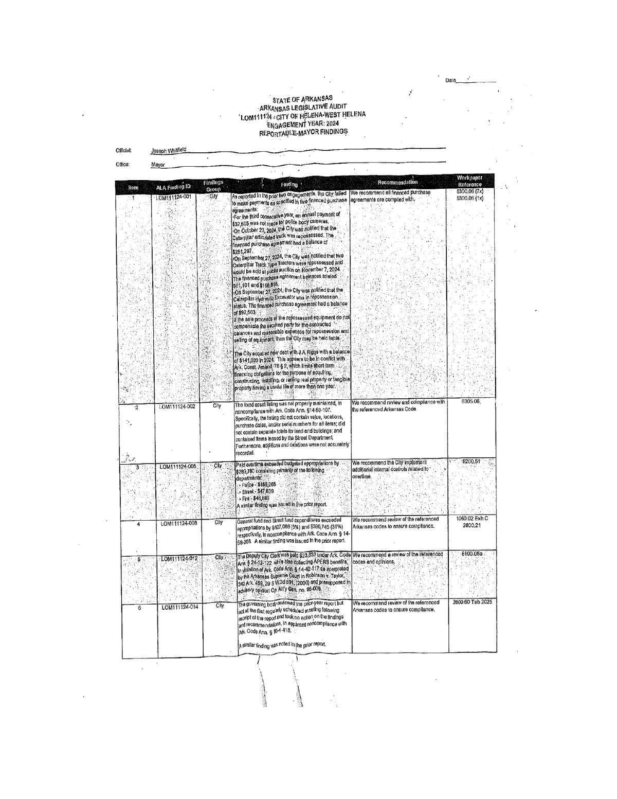 Reportable Findings (Draft) — page 2