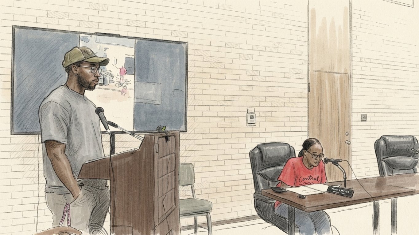 Sketch: a presenter at the podium showing truck photos on the screen as the council weighs replacement street and sanitation trucks; Councilwoman Maxine Miller at the dais