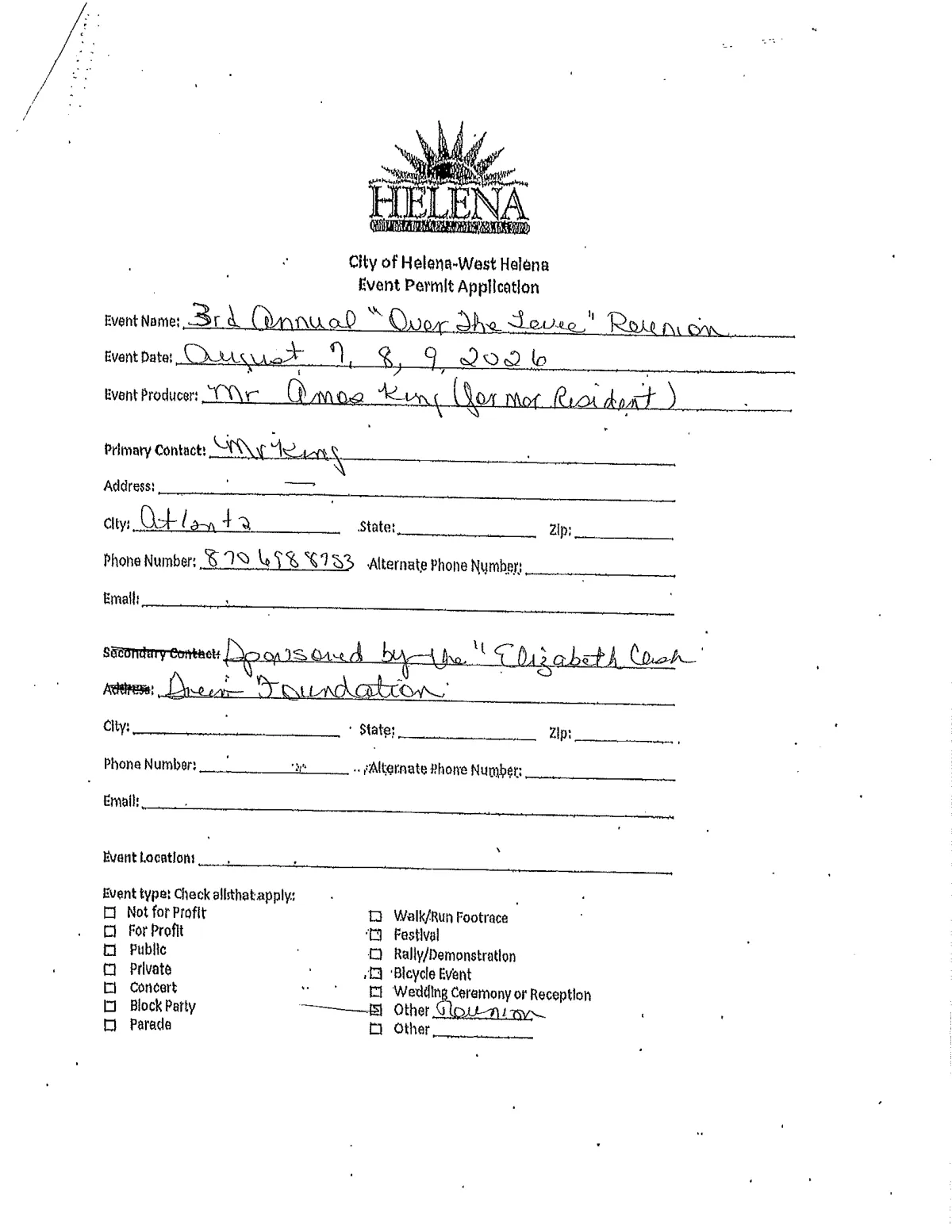 Levee Reunion Event Permit — page 0