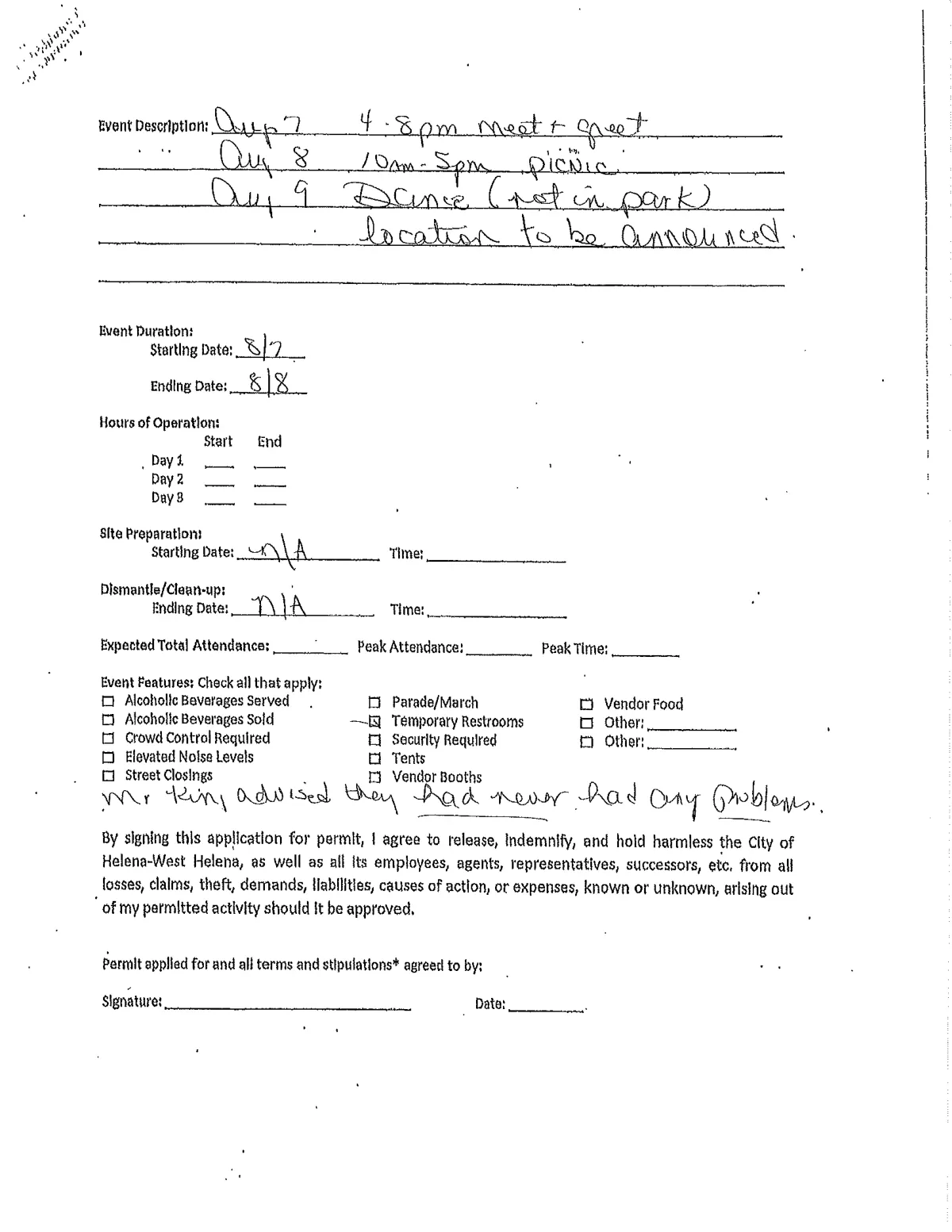 Levee Reunion Event Permit — page 1