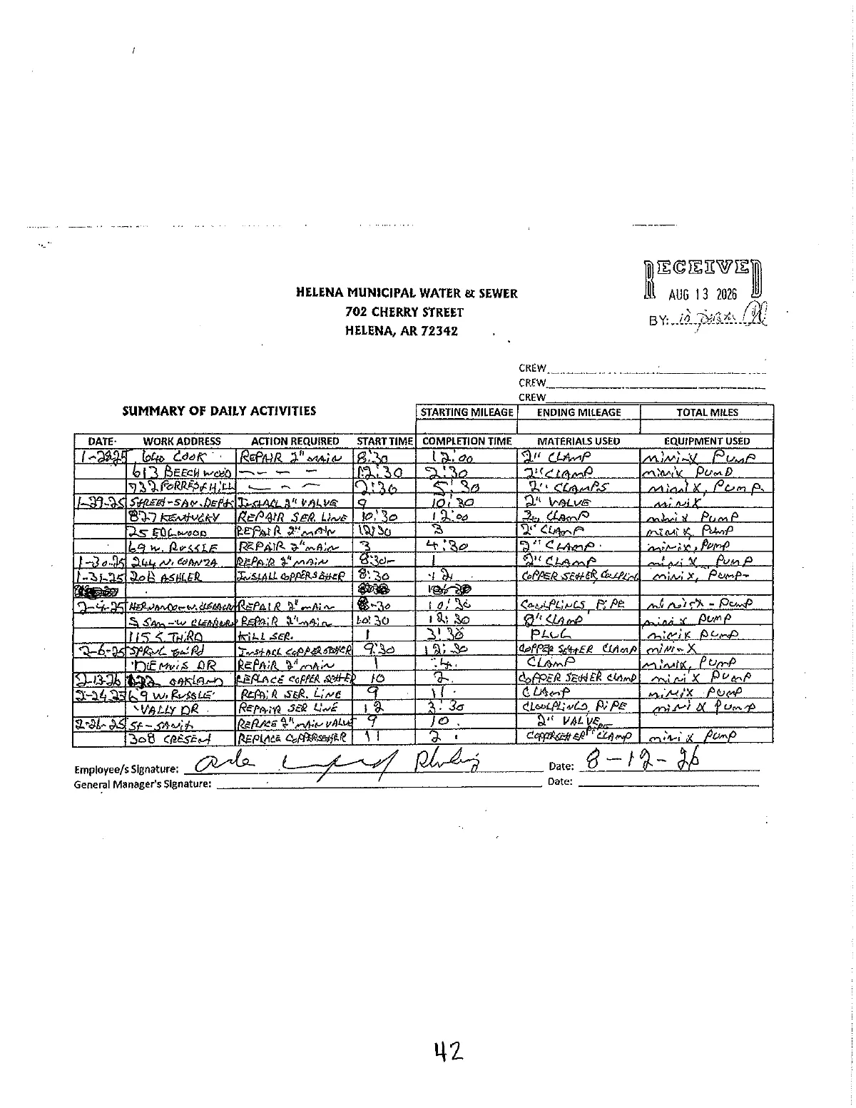 Water Dept. Crew Logs — page 42