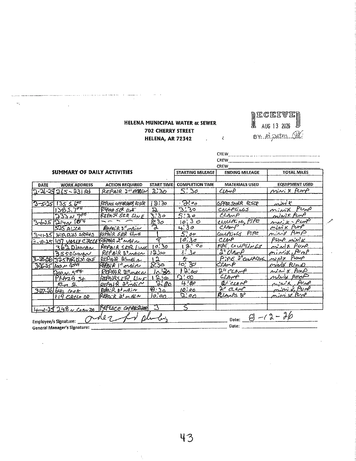 Water Dept. Crew Logs — page 43