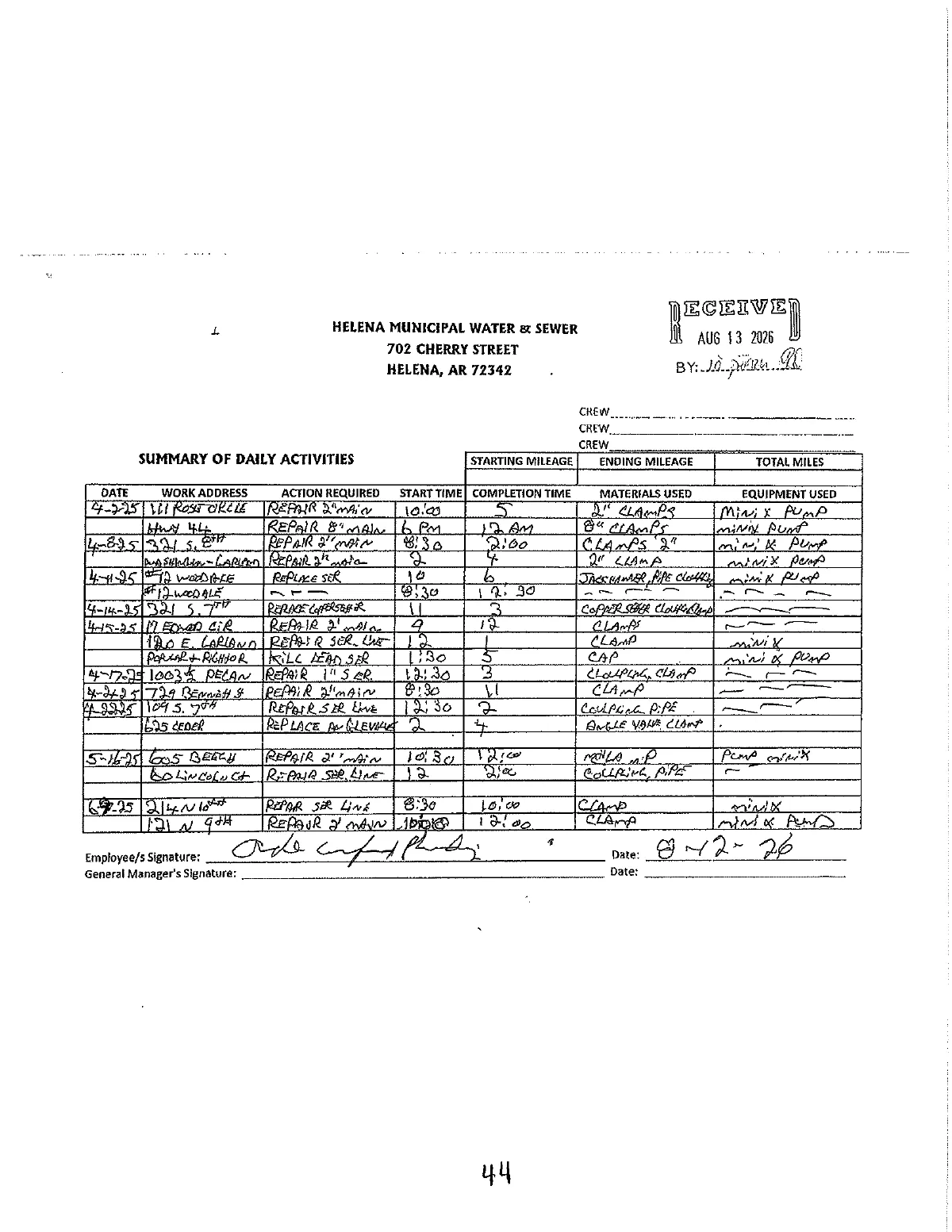 Water Dept. Crew Logs — page 44