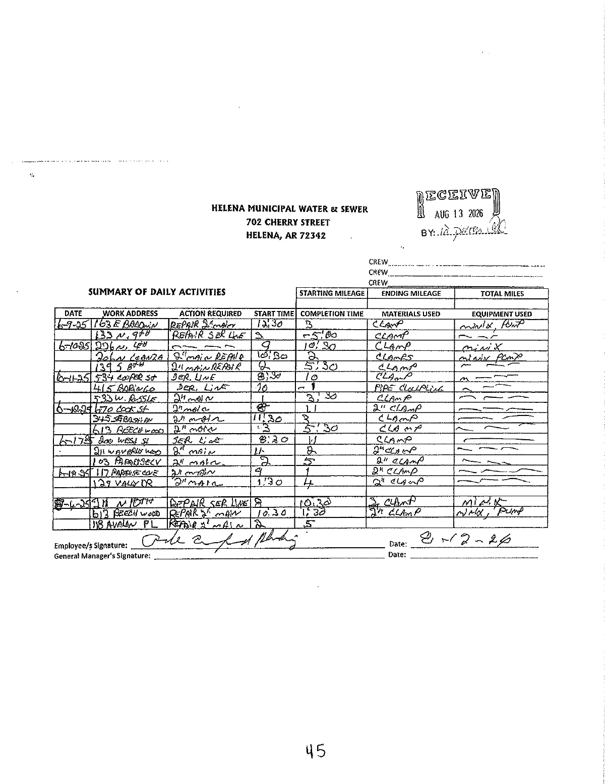 Water Dept. Crew Logs — page 45