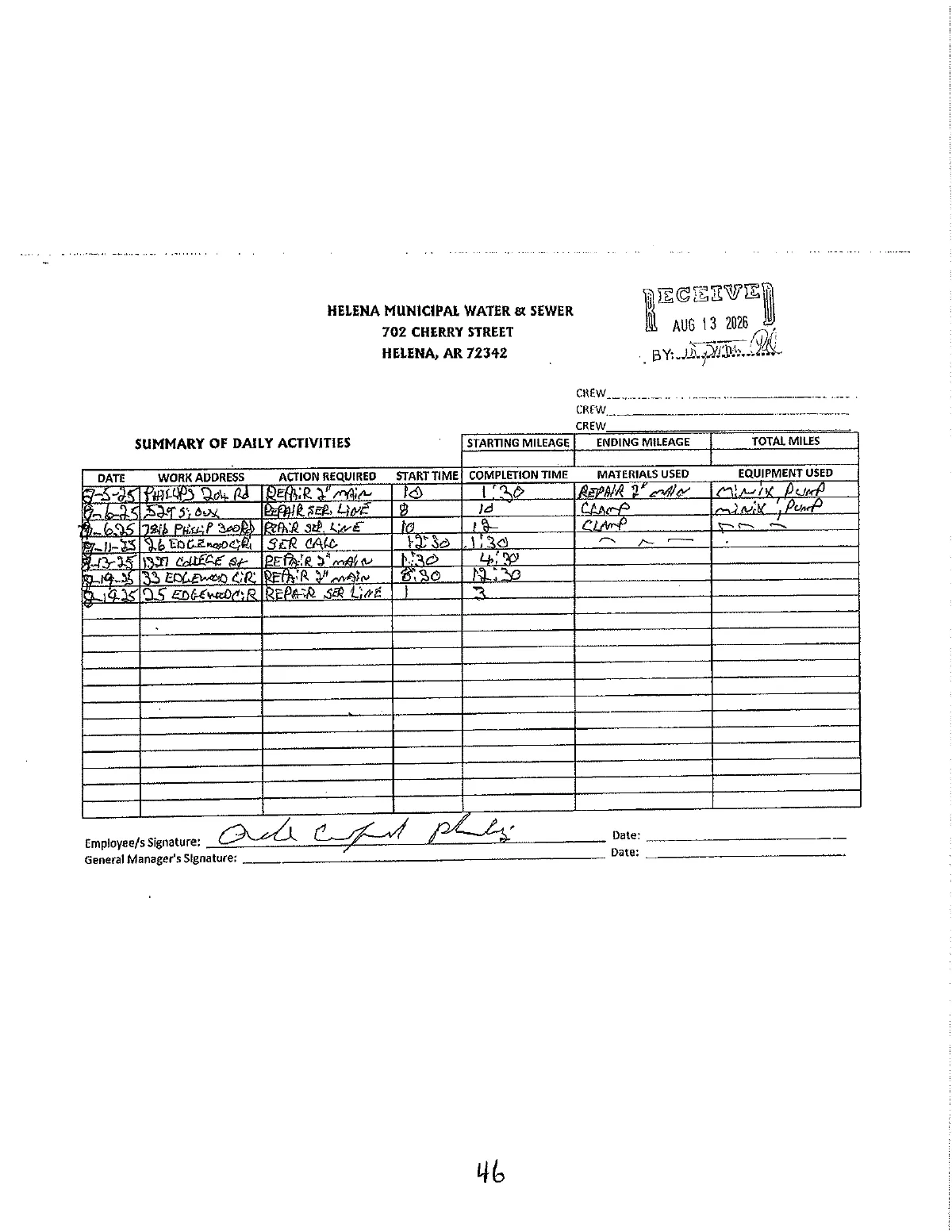 Water Dept. Crew Logs — page 46