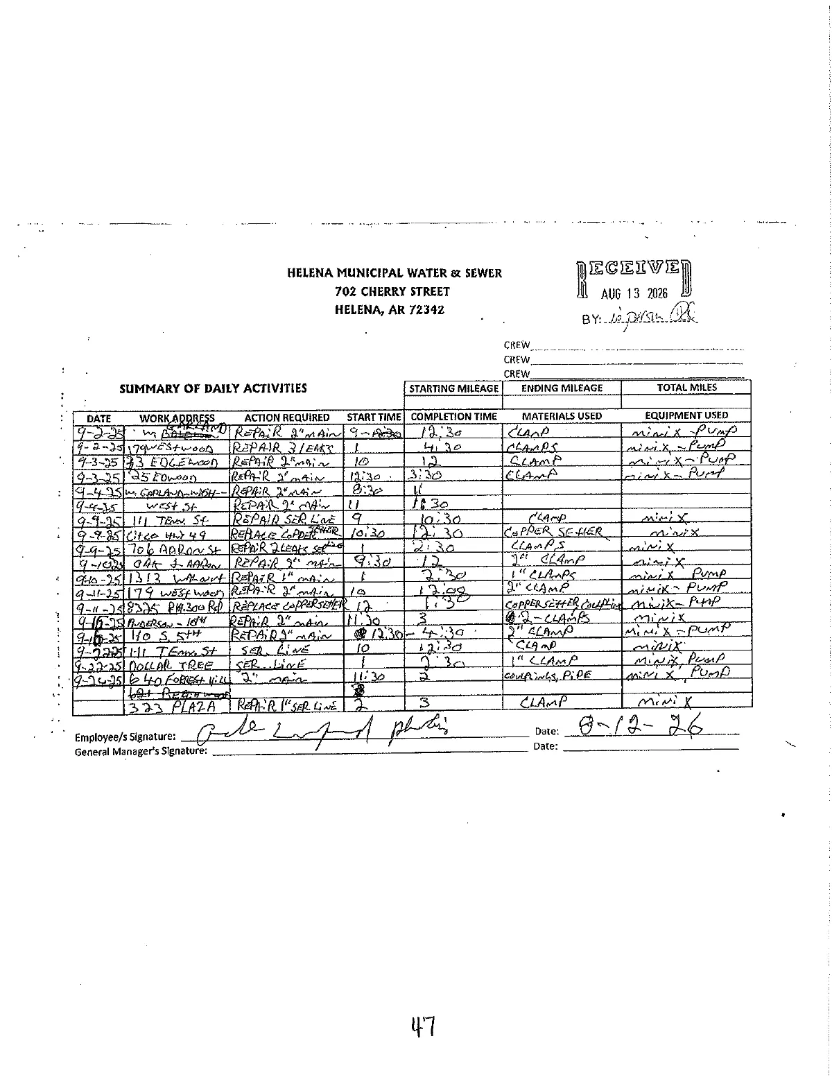 Water Dept. Crew Logs — page 47