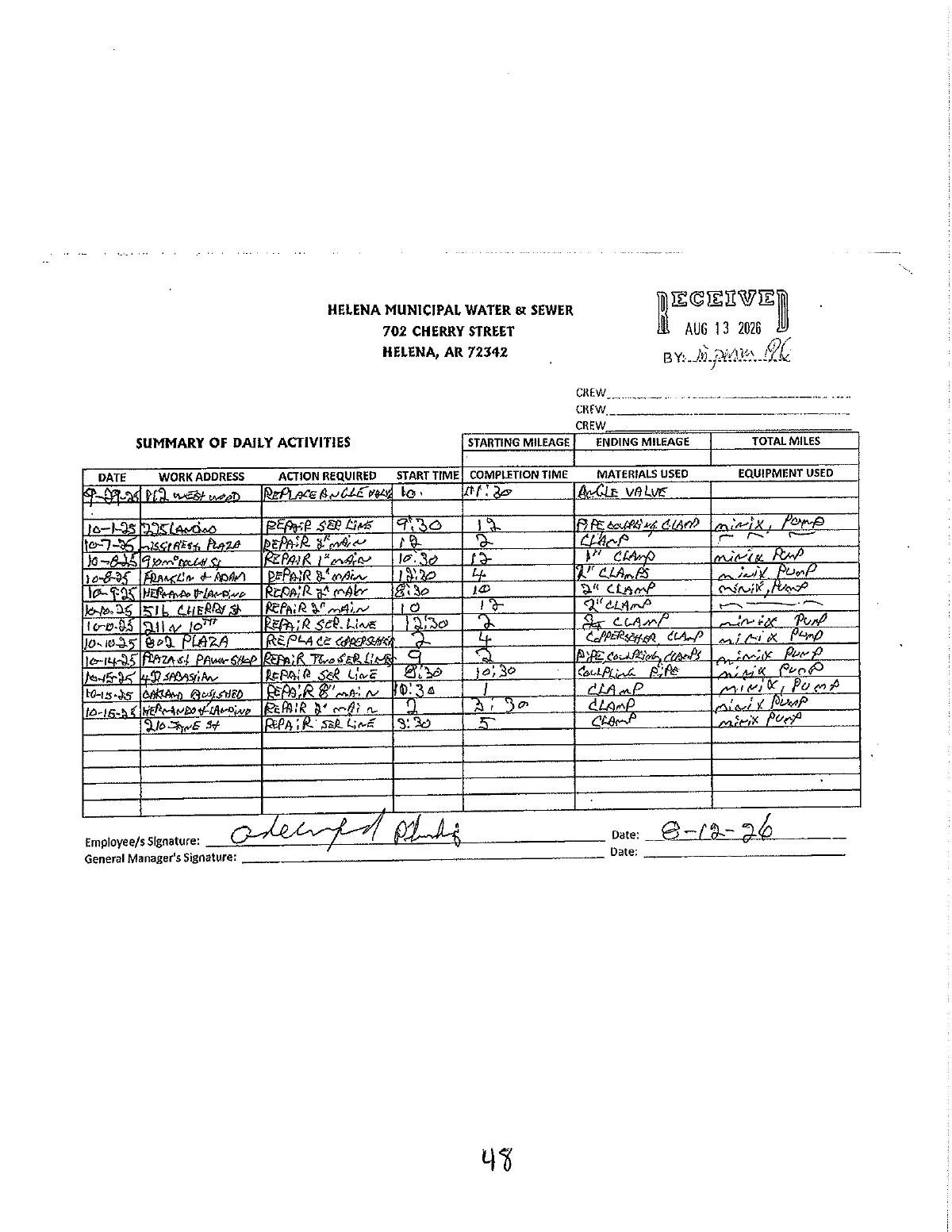 Water Dept. Crew Logs — page 48