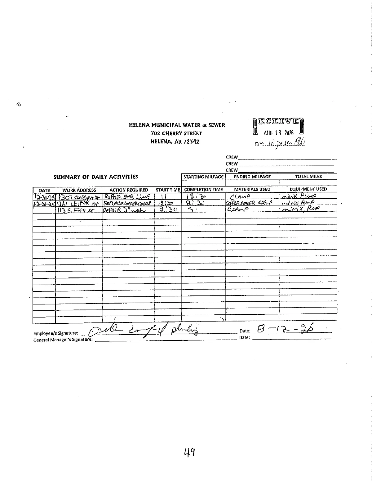 Water Dept. Crew Logs — page 49