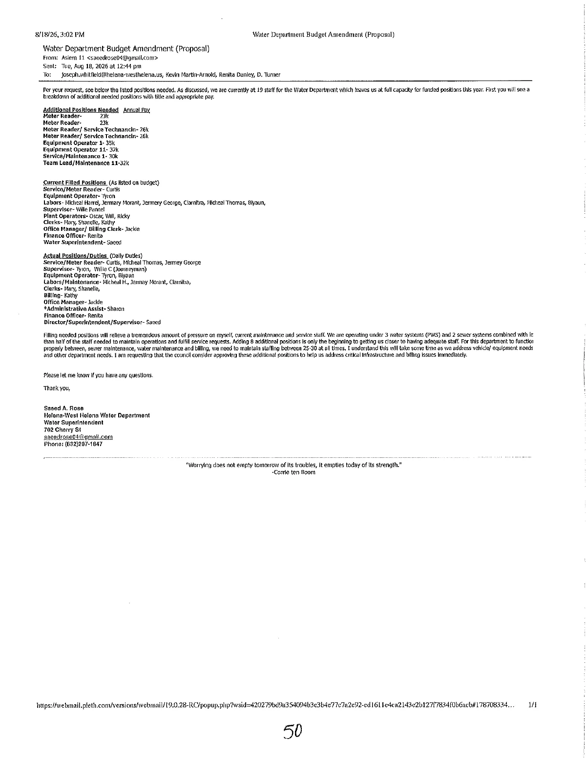 Water Dept. Budget Request — page 50