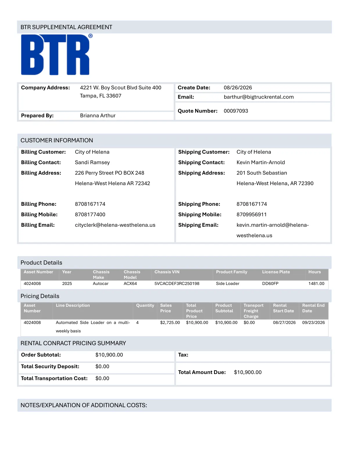 BTR Rental Agreement — page 1