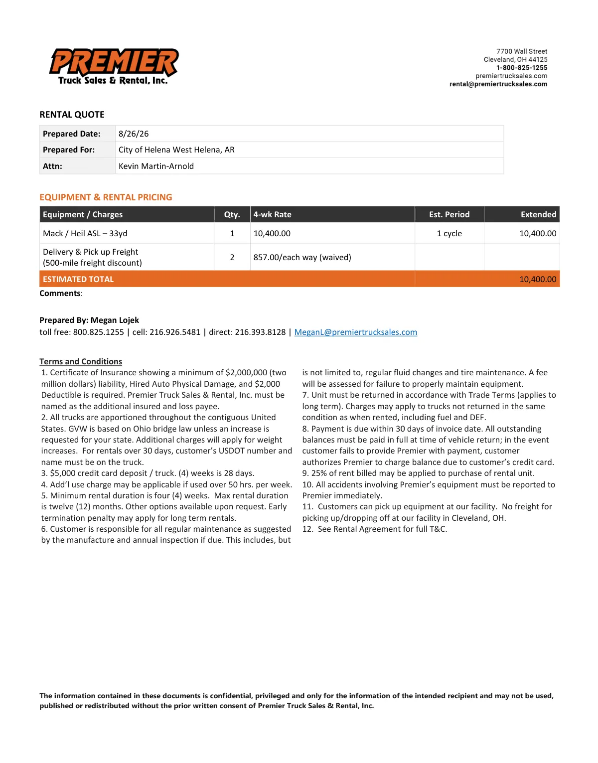 Premier Rental Quote — page 1