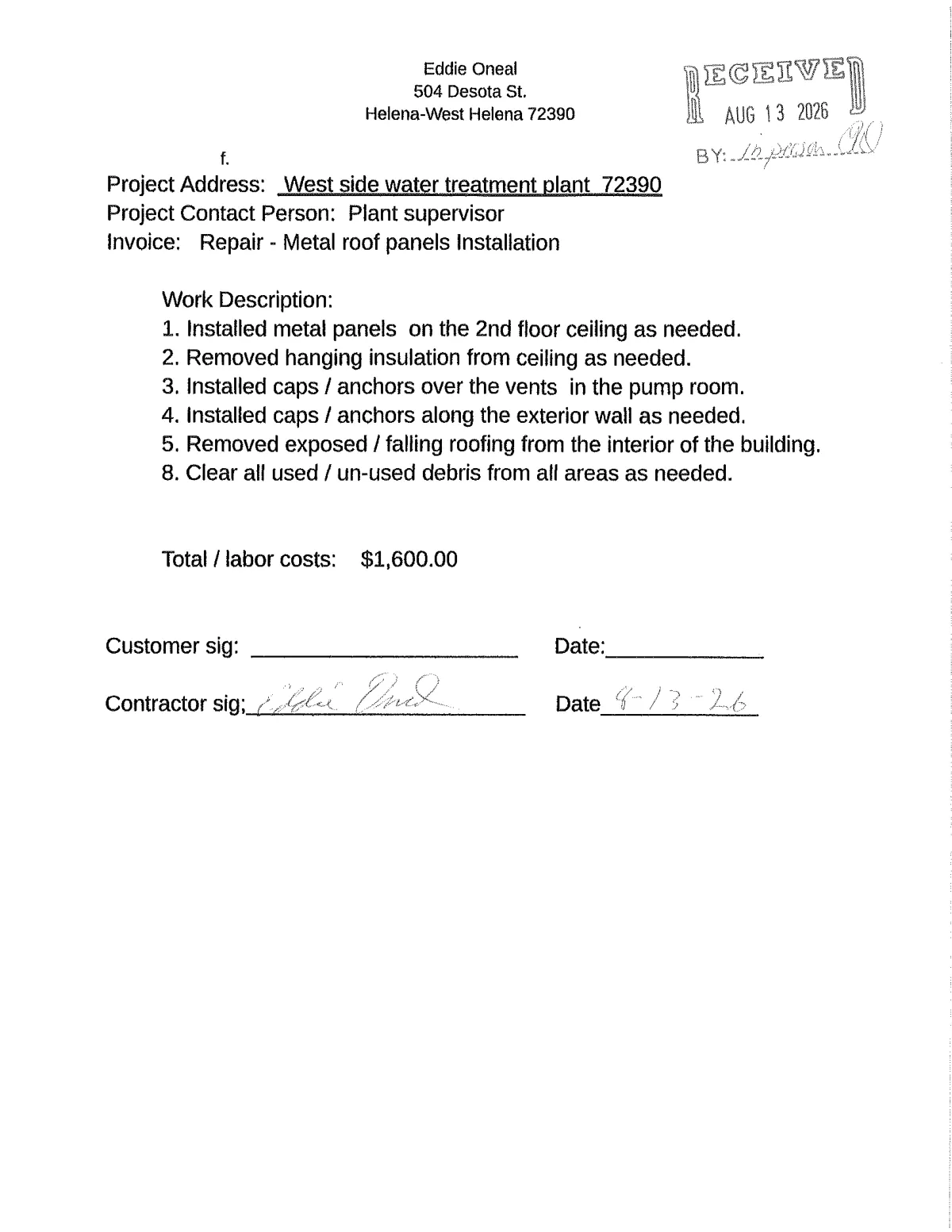 O'Neal Invoice ($1,600) — page 1
