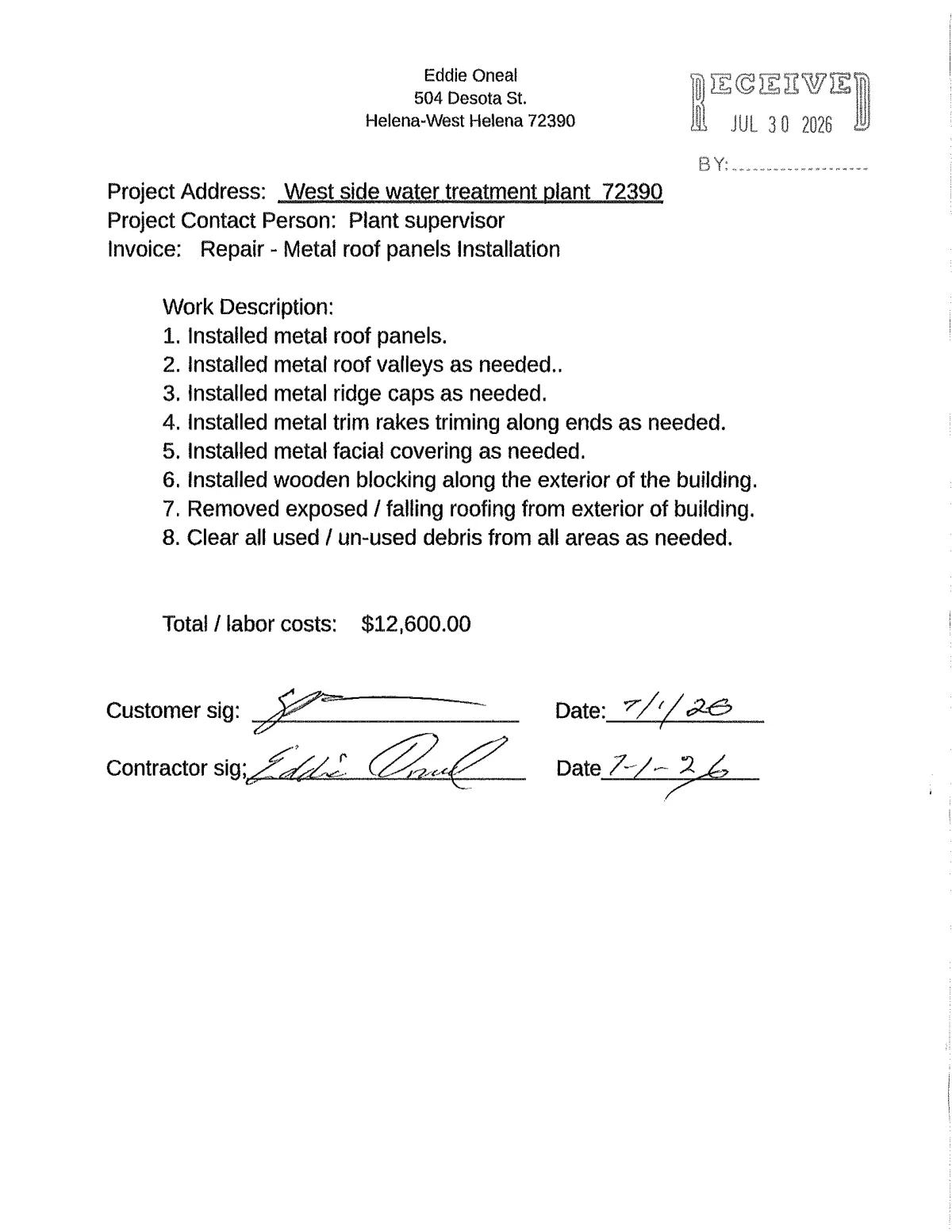 O'Neal Invoice ($12,600) — page 1