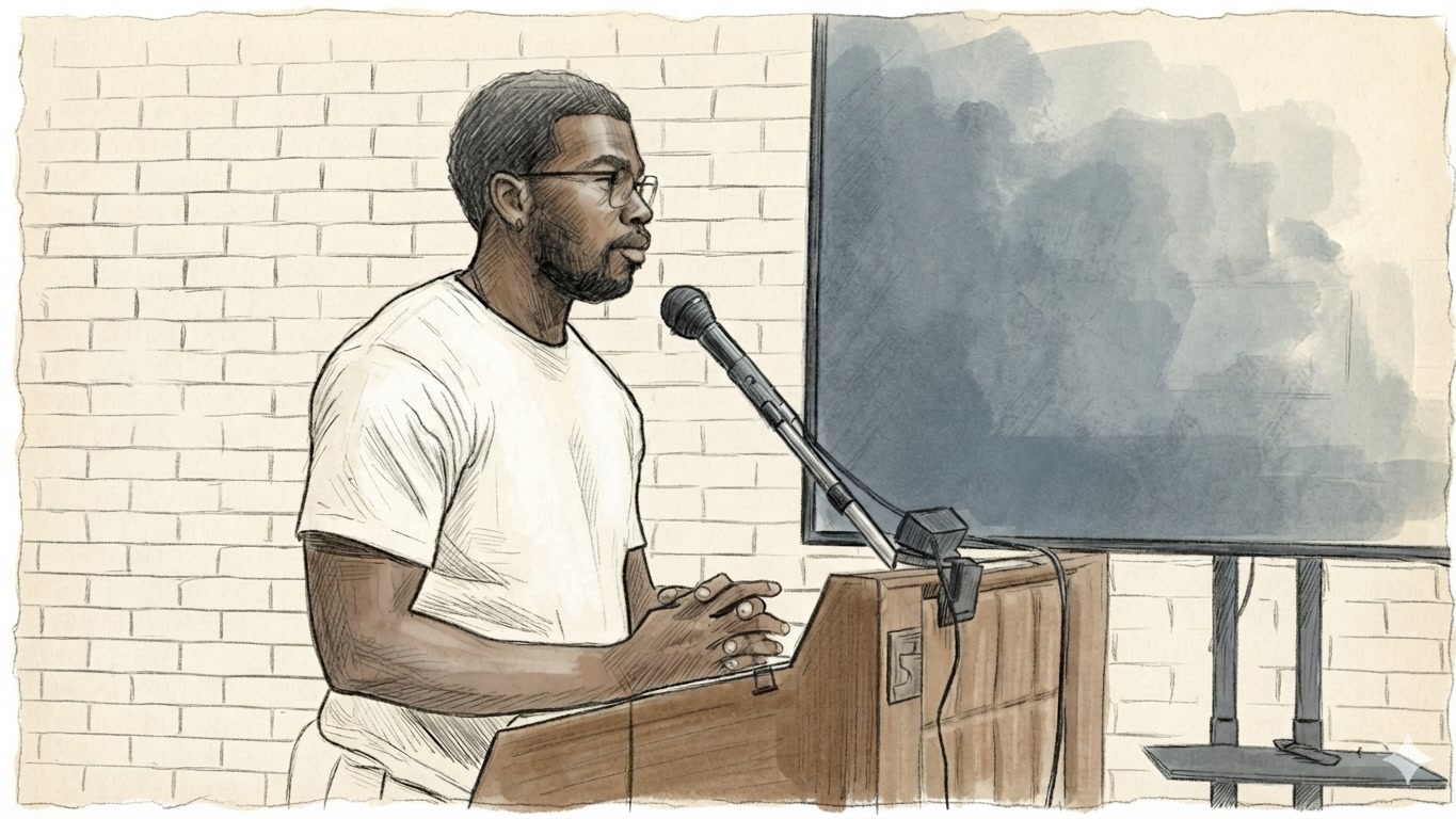 Sketch: Chief of Staff Kevin Martin-Arnold presenting the truck recommendation