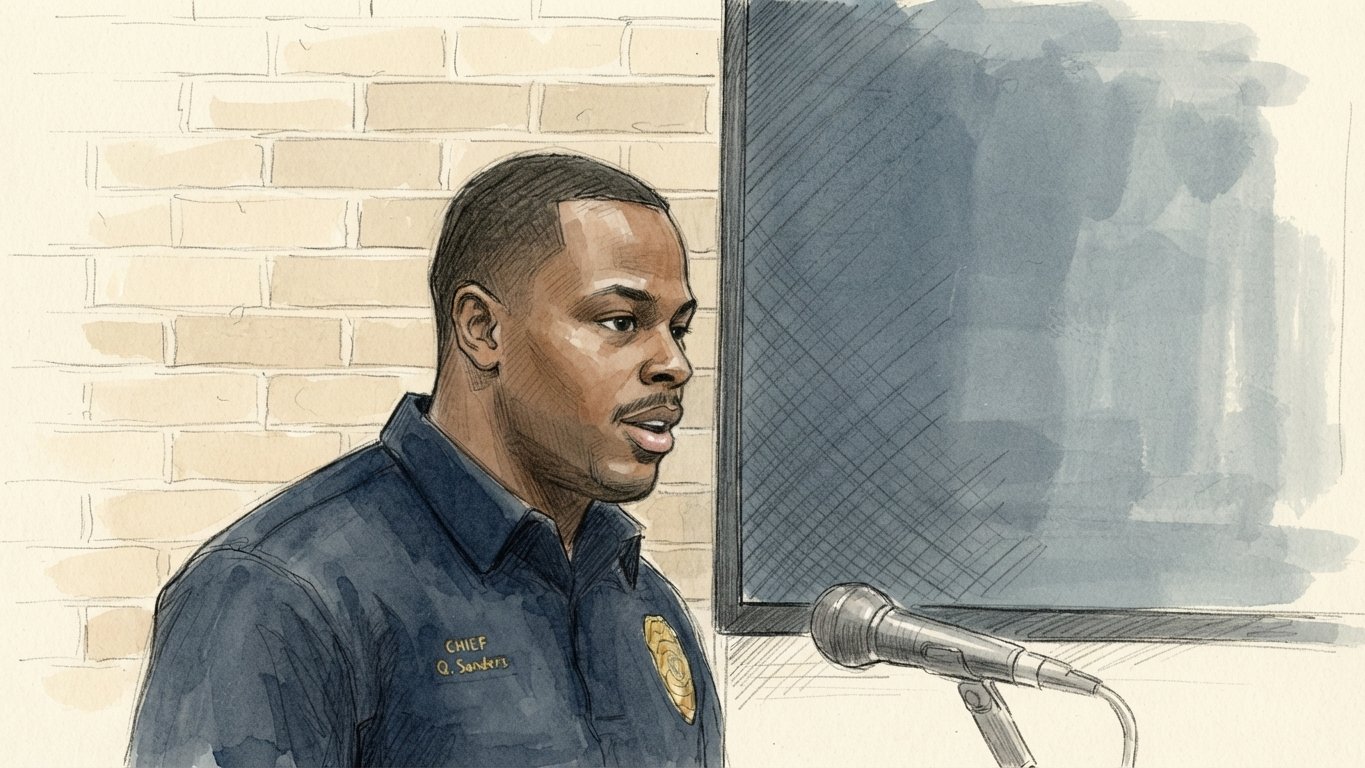 Sketch: Police Chief Quanderius Sanders at the microphone telling the council he covered the city alone from 6 a.m. to noon during the September 7 sick-out